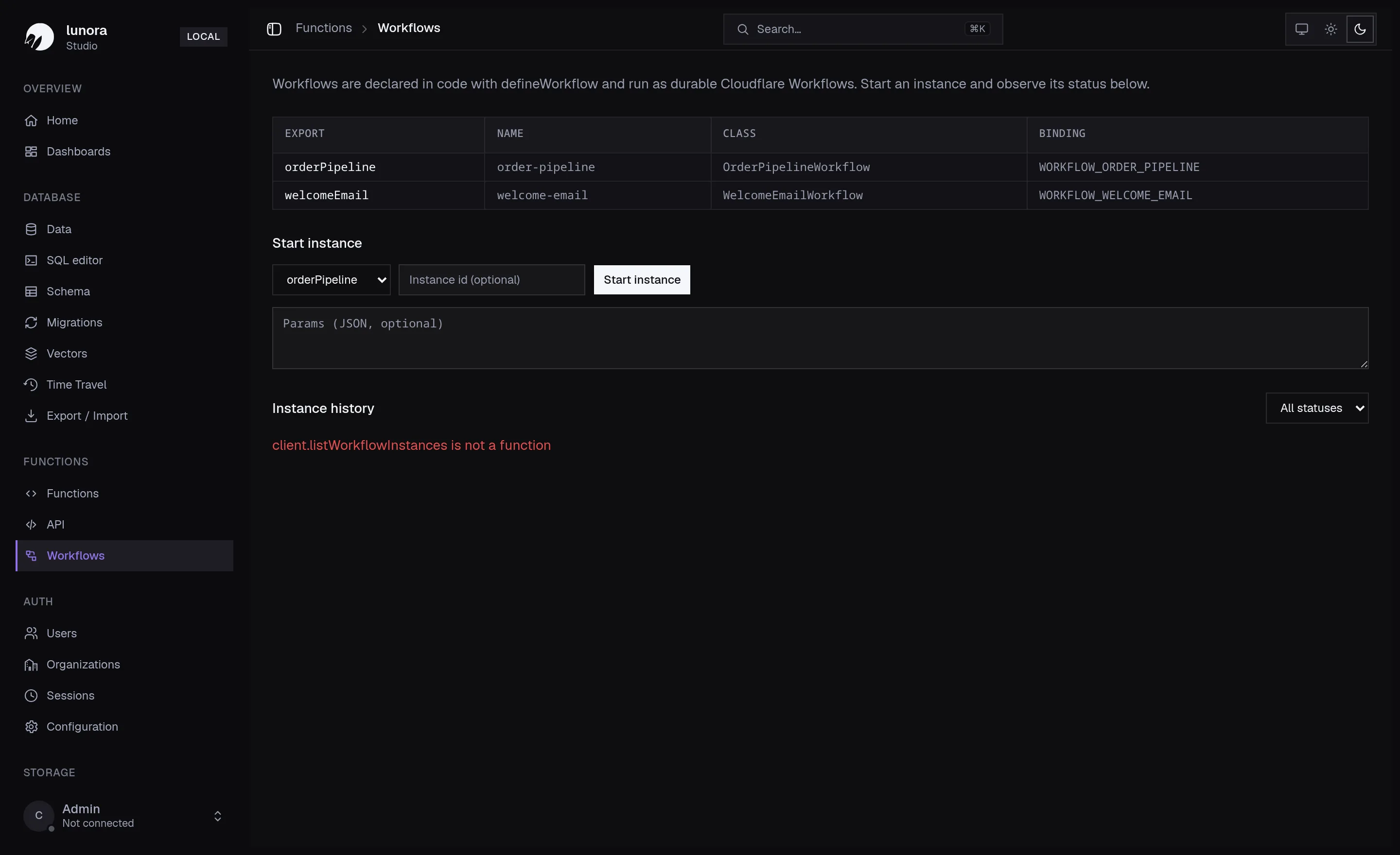 The Studio workflows view — start durable Cloudflare Workflow instances and watch their status